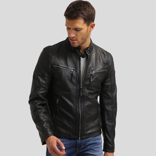 Jose Black Leather Racer Jacket - Shearling leather