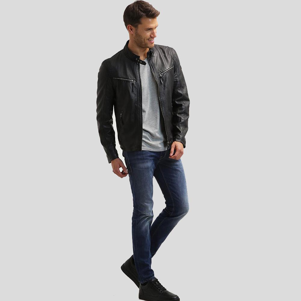Jose Black Leather Racer Jacket - Shearling leather