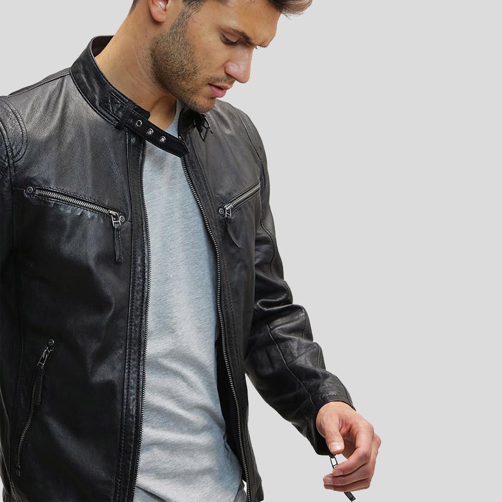 Jose Black Leather Racer Jacket - Shearling leather