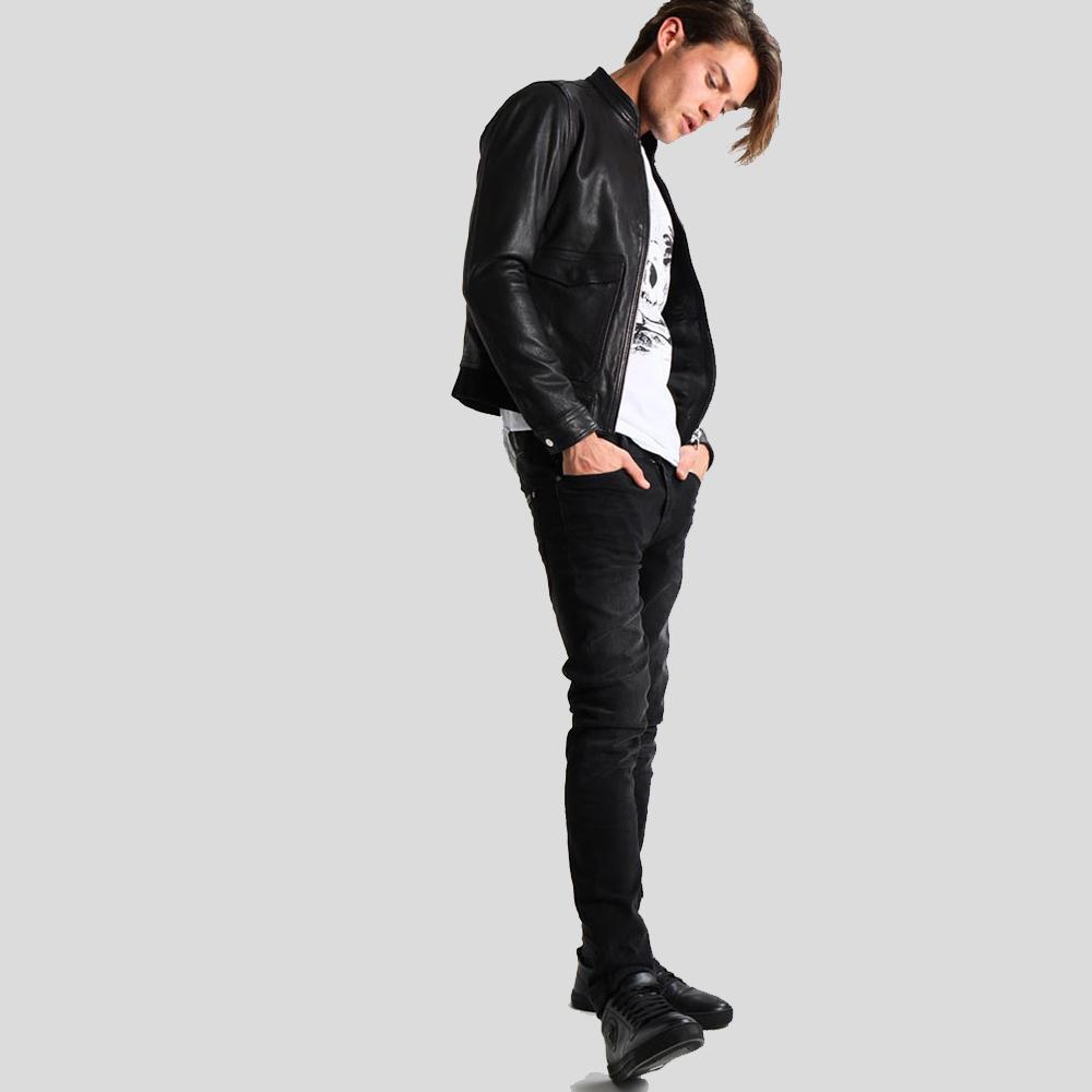 Juan Black Leather Racer Jacket - Shearling leather
