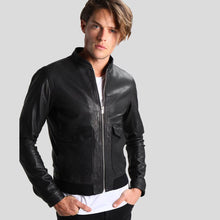 Load image into Gallery viewer, Juan Black Leather Racer Jacket - Shearling leather
