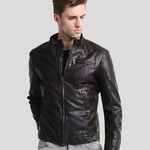 Load image into Gallery viewer, Mark Black Lambskin Leather Racer Jacket - Shearling leather
