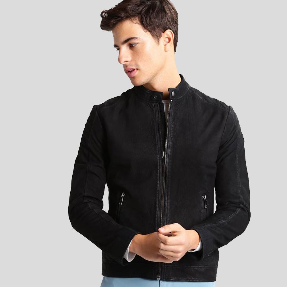 Rey Black Suede Leather Racer Jacket - Shearling leather