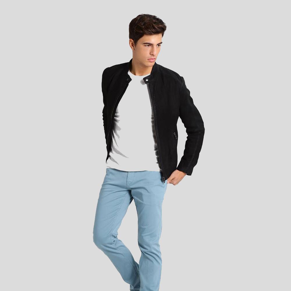 Rey Black Suede Leather Racer Jacket - Shearling leather