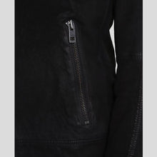 Load image into Gallery viewer, Rey Black Suede Leather Racer Jacket - Shearling leather
