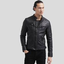 Load image into Gallery viewer, Scott Black Leather Racer Jacket - Shearling leather
