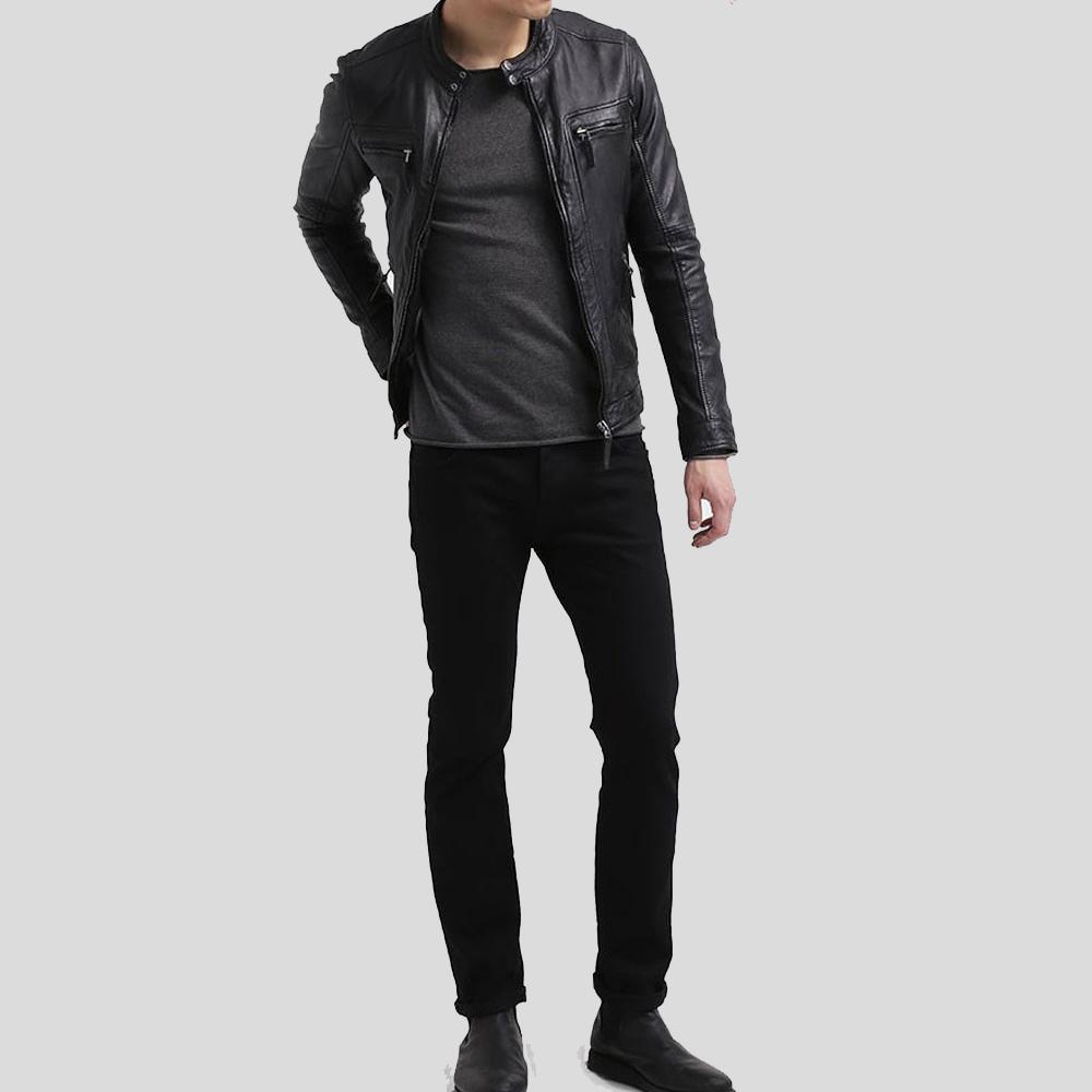 Scott Black Leather Racer Jacket - Shearling leather