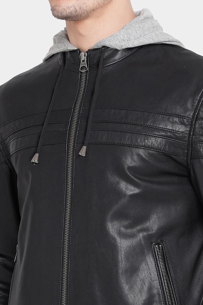Brice Black Hooded Leather Jacket - Shearling leather