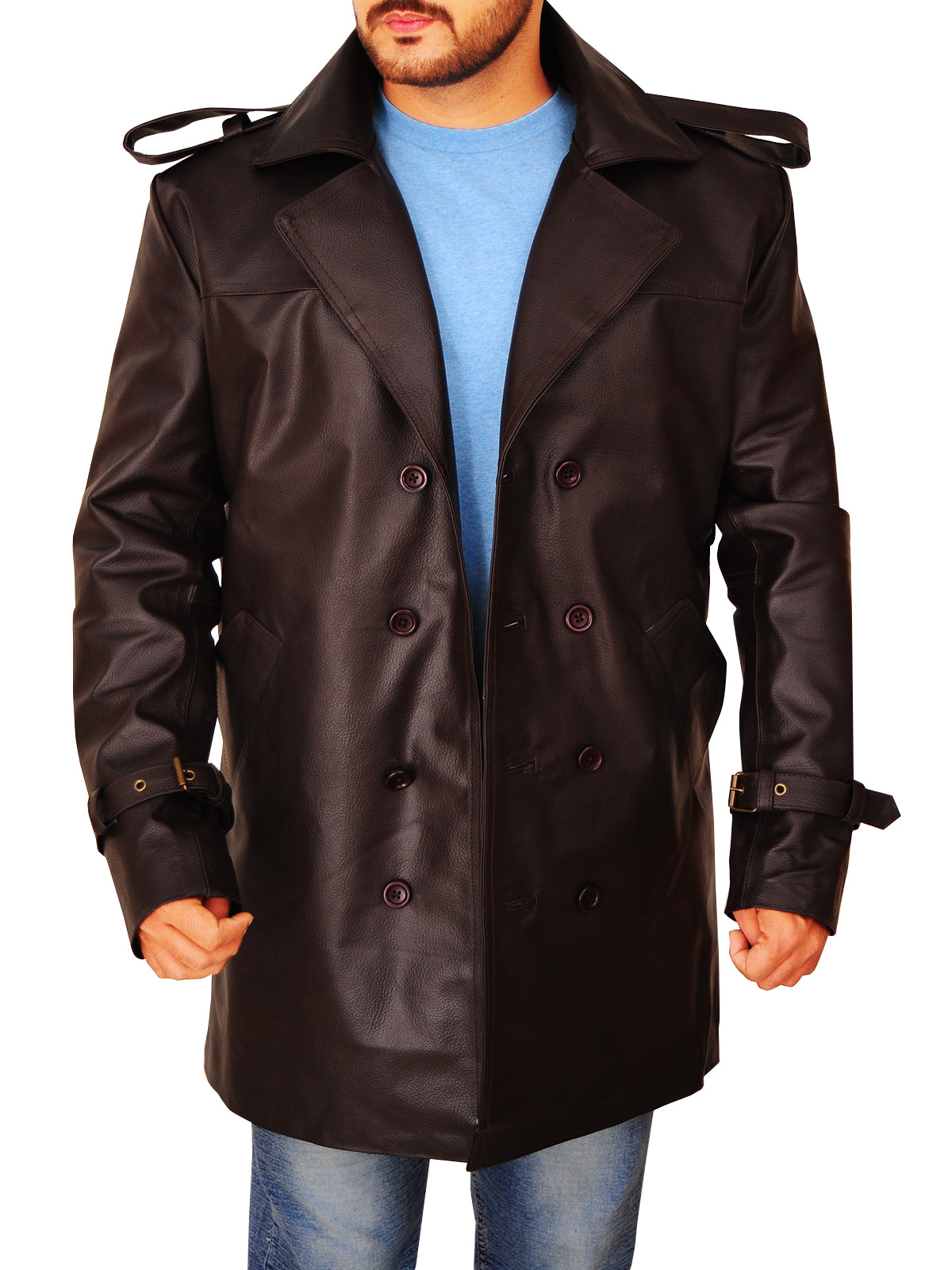 Men Brown Leather Peacoat - Shearling leather