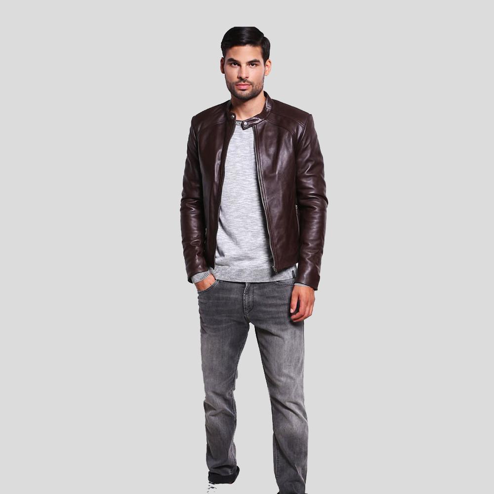 Joey Brown Leather Racer Jacket - Shearling leather