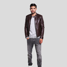 Load image into Gallery viewer, Joey Brown Leather Racer Jacket - Shearling leather
