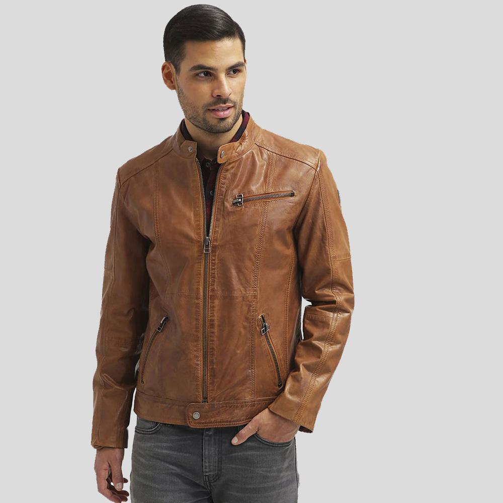 Ricardi Brown Leather Racer Jacket - Shearling leather