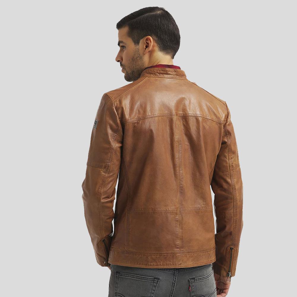 Ricardi Brown Leather Racer Jacket - Shearling leather