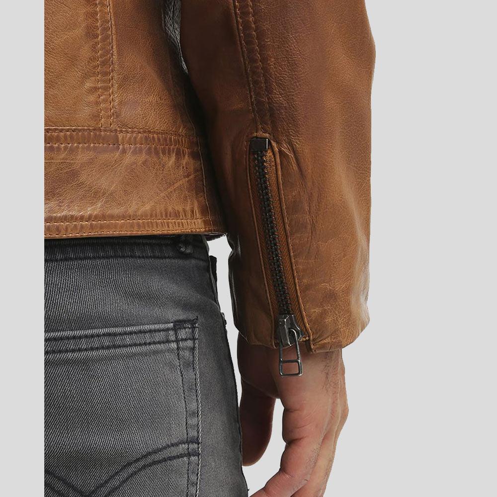 Ricardi Brown Leather Racer Jacket - Shearling leather