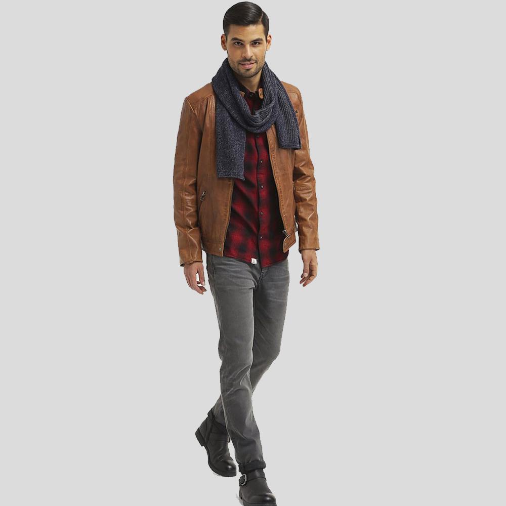 Ricardi Brown Leather Racer Jacket - Shearling leather