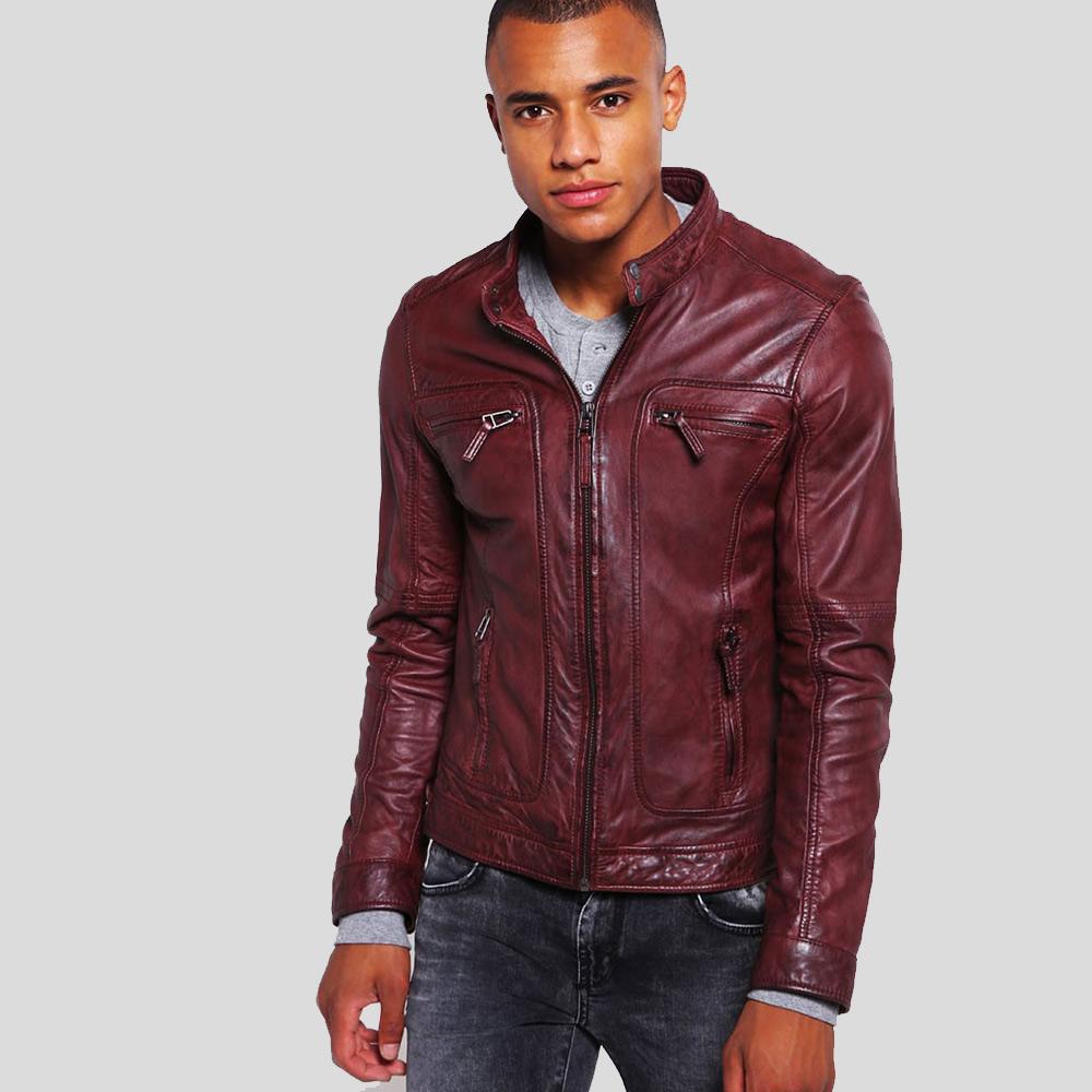 Timo Burgundy Leather Racer Jacket - Shearling leather