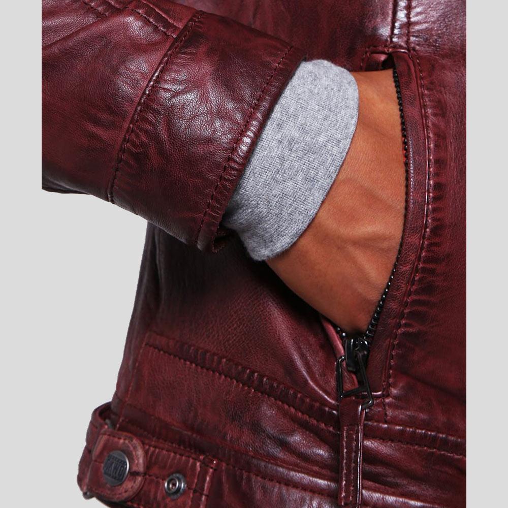 Timo Burgundy Leather Racer Jacket - Shearling leather