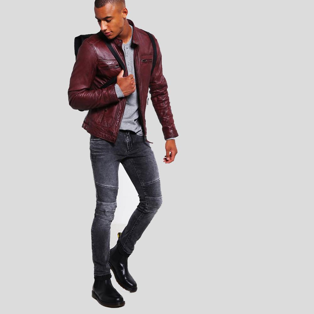 Timo Burgundy Leather Racer Jacket - Shearling leather