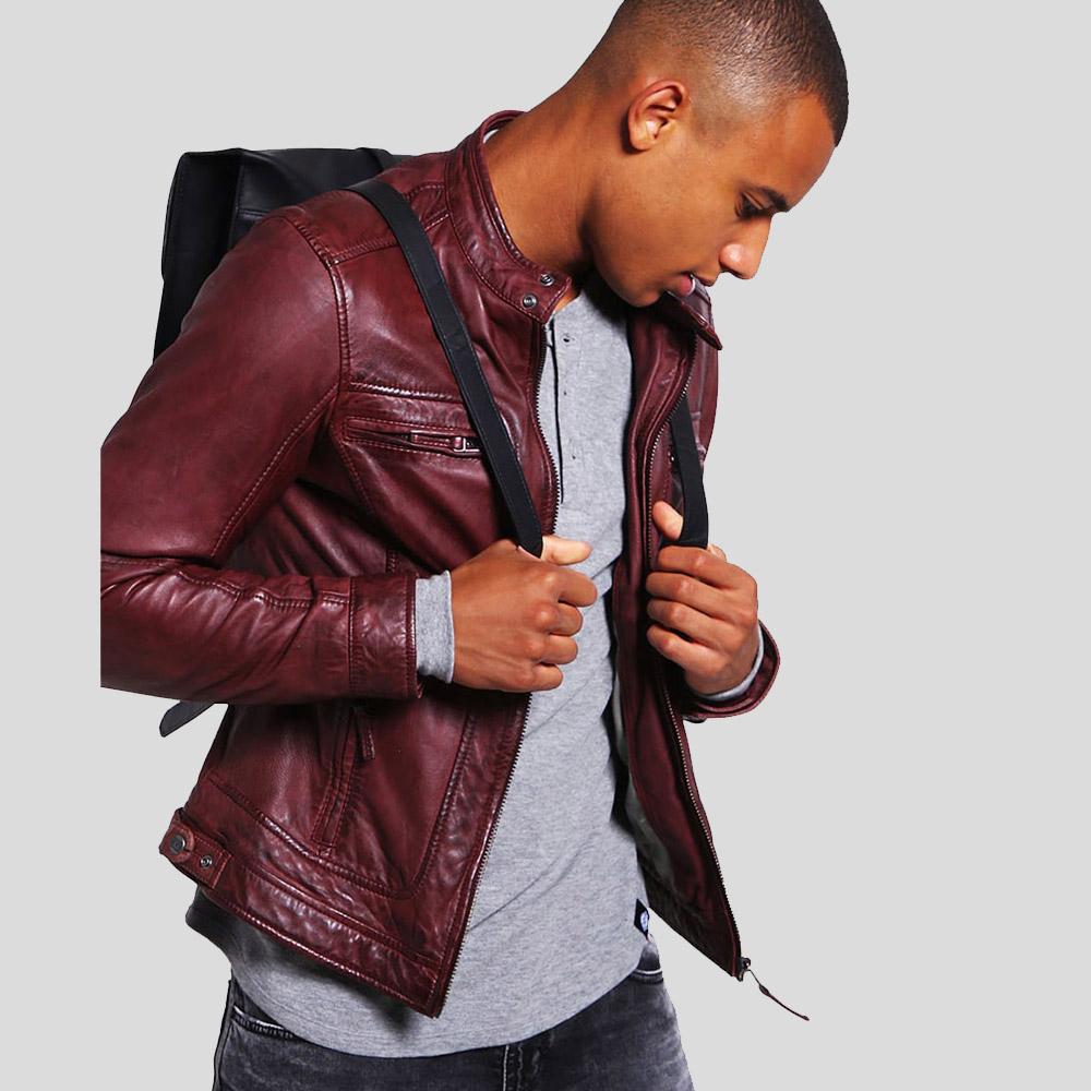 Timo Burgundy Leather Racer Jacket - Shearling leather