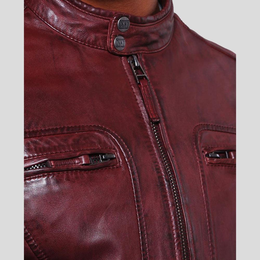 Timo Burgundy Leather Racer Jacket - Shearling leather