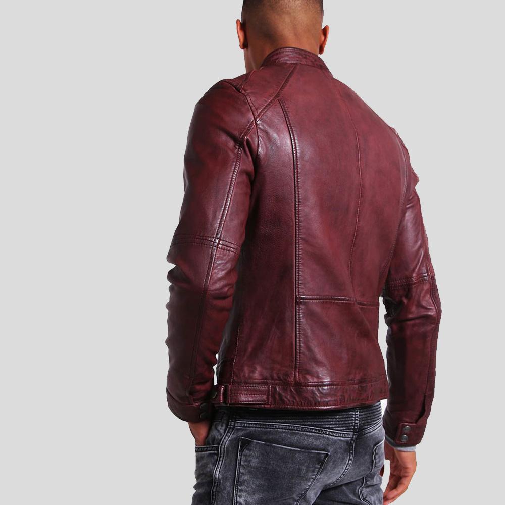 Timo Burgundy Leather Racer Jacket - Shearling leather
