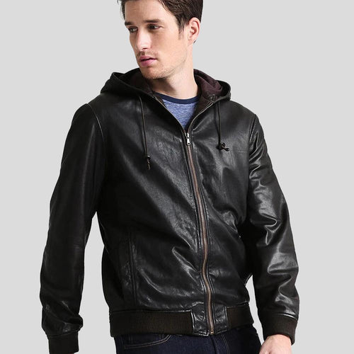 Chet Black Hooded Genuine Leather Jacket - Shearling leather