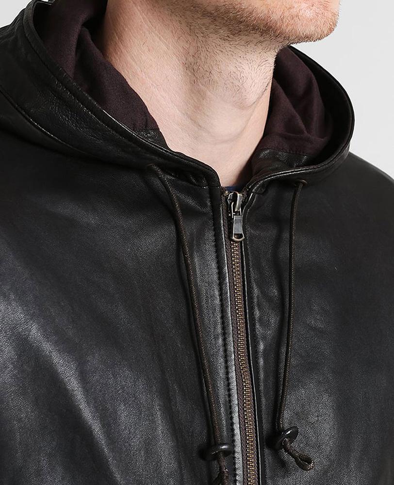 Chet Black Hooded Genuine Leather Jacket - Shearling leather