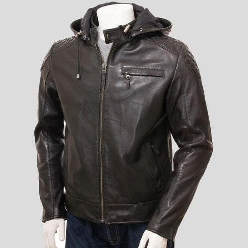 Jami Black Hooded Leather Jacket - Shearling leather