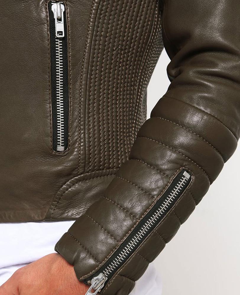 Mac Army Green Quilted Leather Jacket - Shearling leather