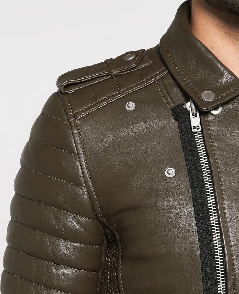 Mac Army Green Quilted Leather Jacket - Shearling leather