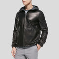 Racio Black Hooded Leather Jacket - Shearling leather