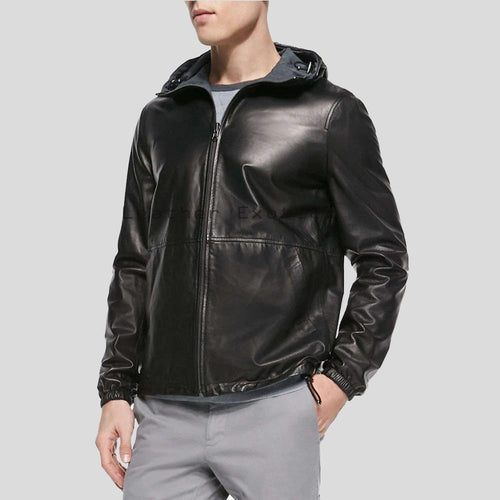 Racio Black Hooded Leather Jacket - Shearling leather