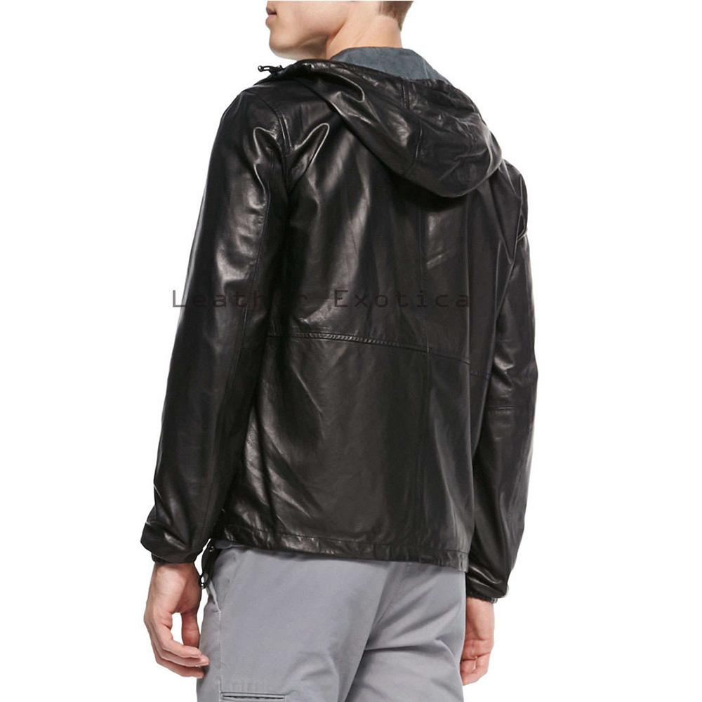 Racio Black Hooded Leather Jacket - Shearling leather