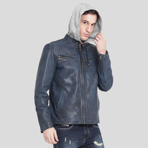 Rald Blue Removable Hooded Leather Jacket - Shearling leather