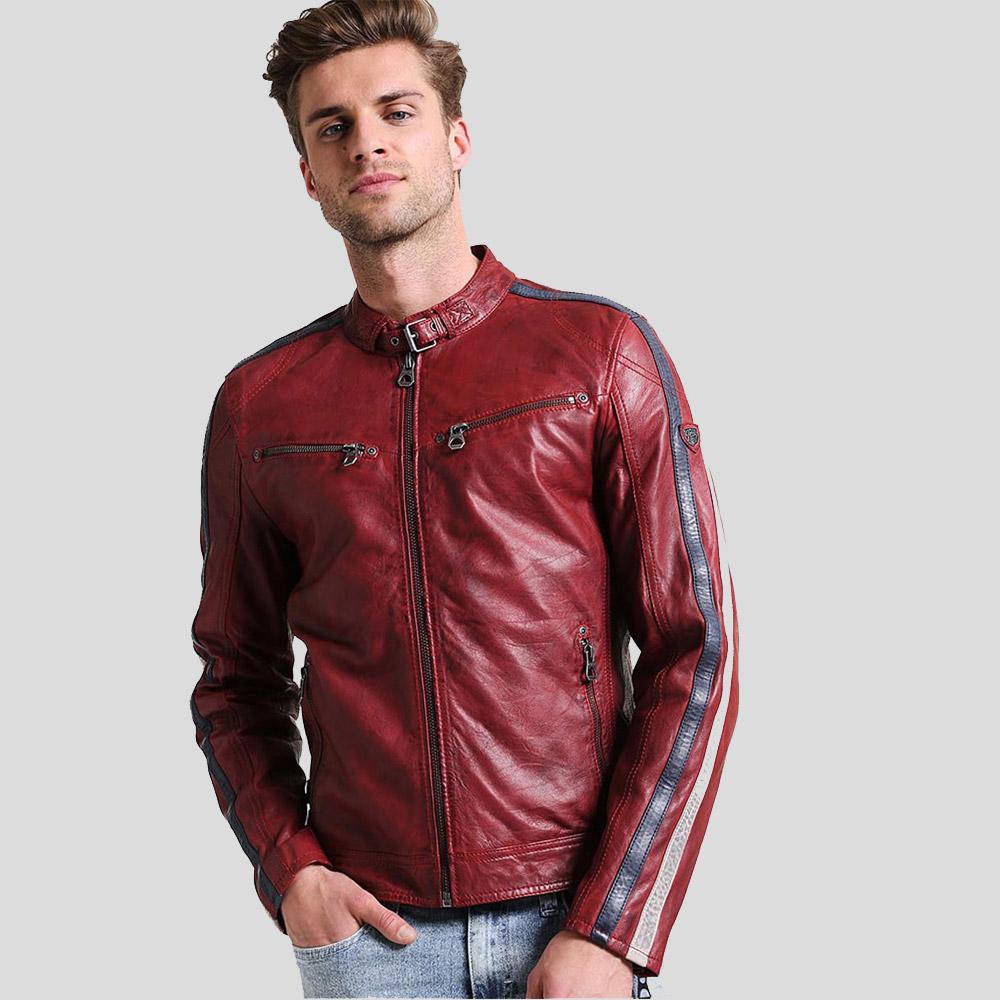 Steven Red Cafe Racer Leather Jacket - Shearling leather