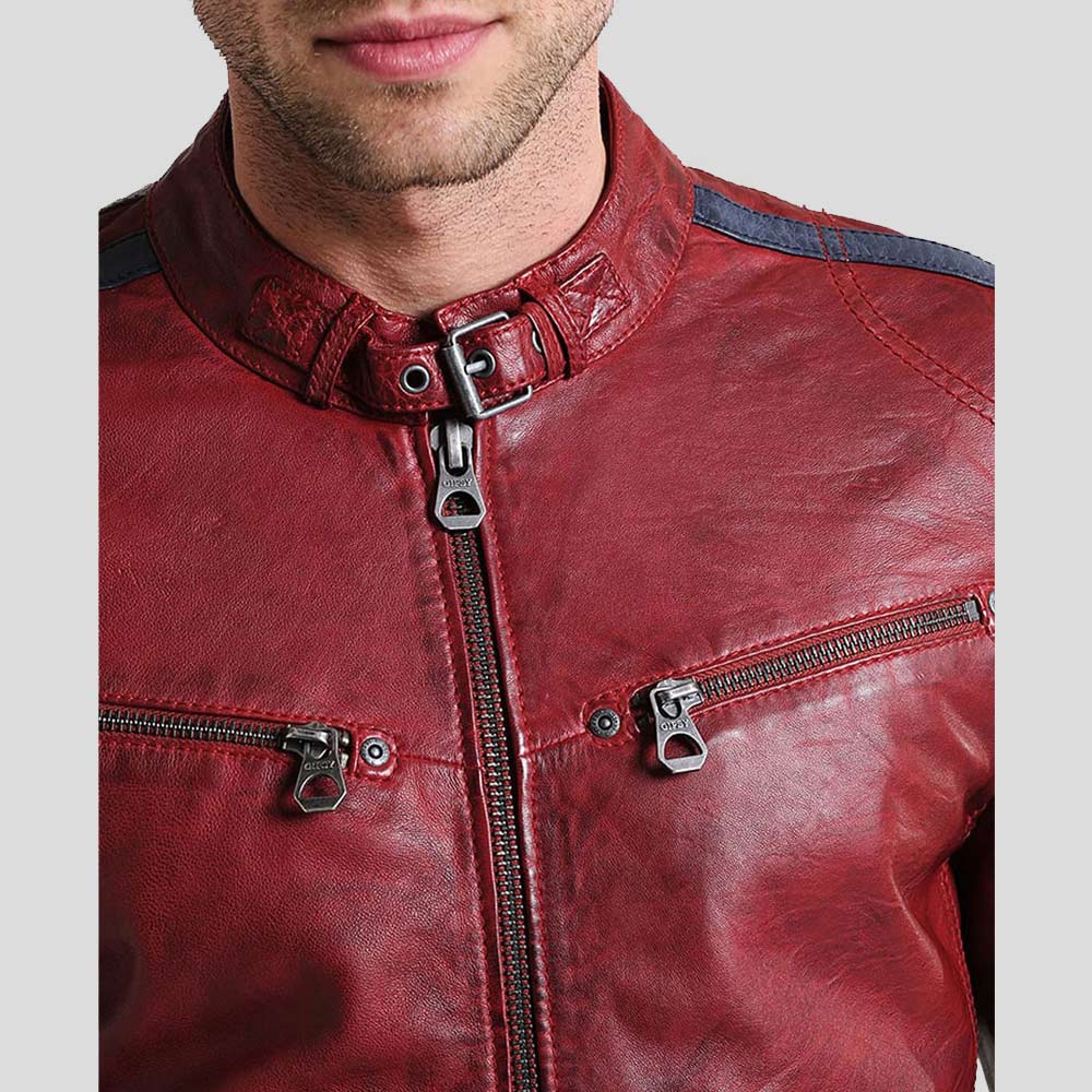 Steven Red Cafe Racer Leather Jacket - Shearling leather
