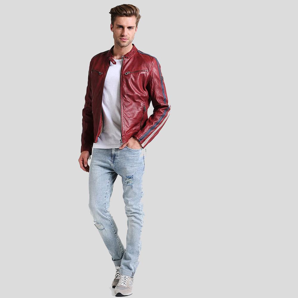 Steven Red Cafe Racer Leather Jacket - Shearling leather
