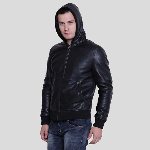 Theo Black Hooded Leather Jacket - Shearling leather