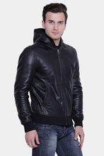 Load image into Gallery viewer, Theo Black Hooded Leather Jacket - Shearling leather
