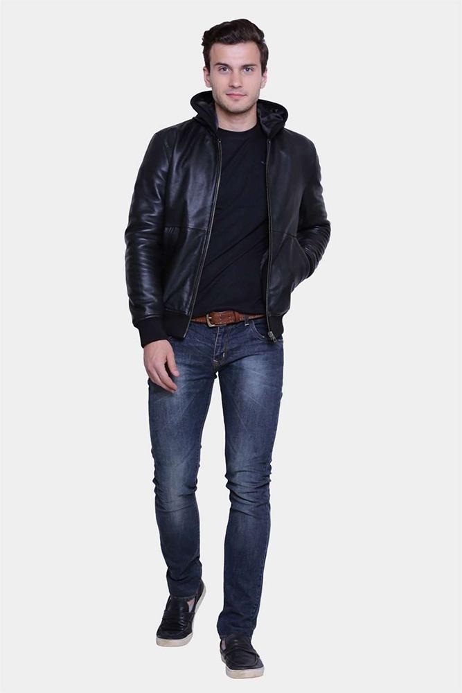 Theo Black Hooded Leather Jacket - Shearling leather
