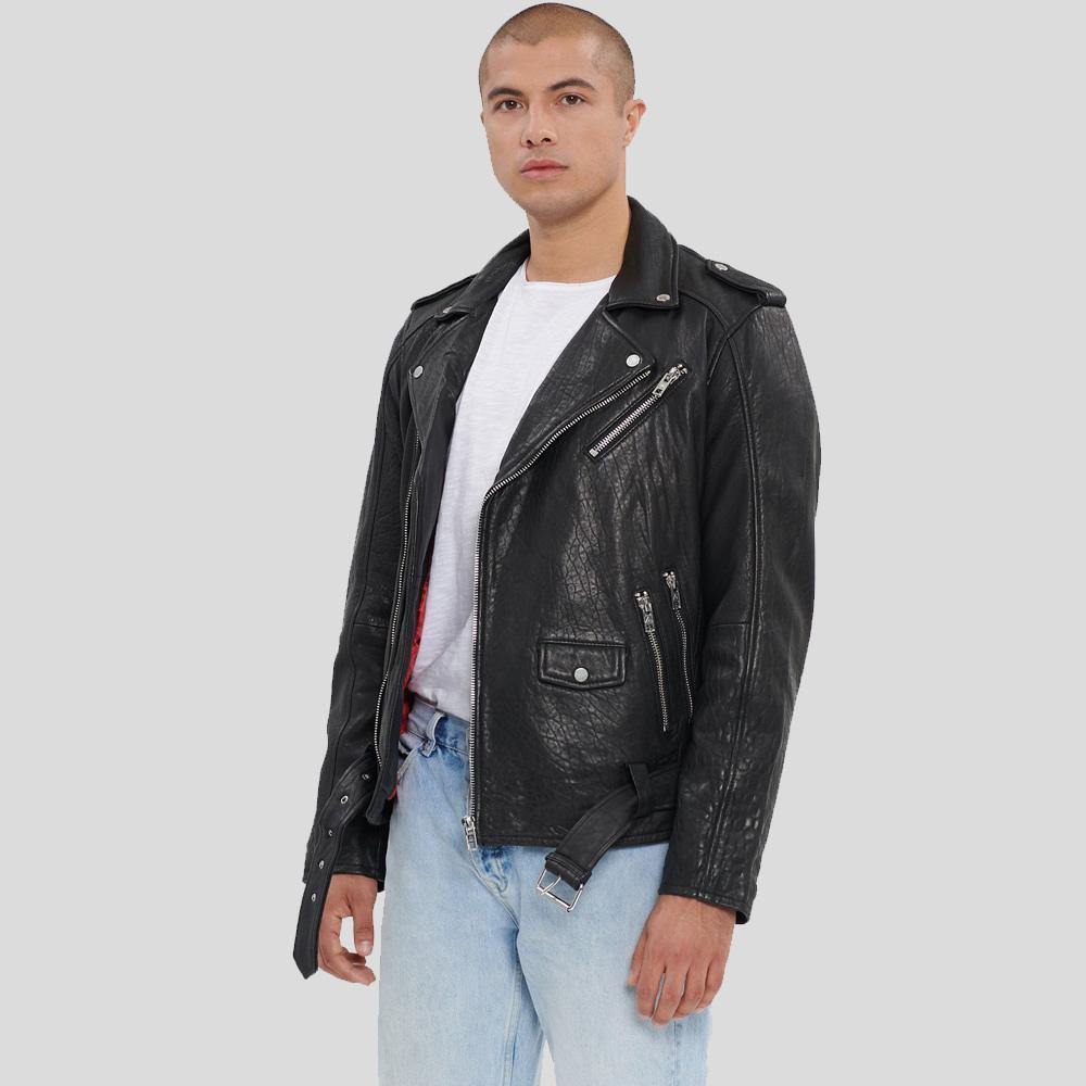 Adiv Black Motorcycle Leather Jacket - Shearling leather