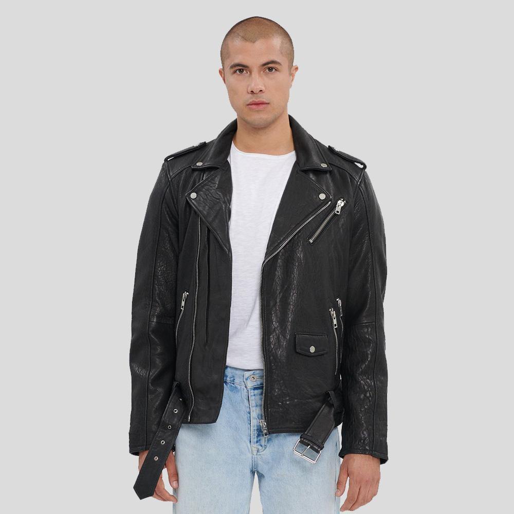 Adiv Black Motorcycle Leather Jacket - Shearling leather