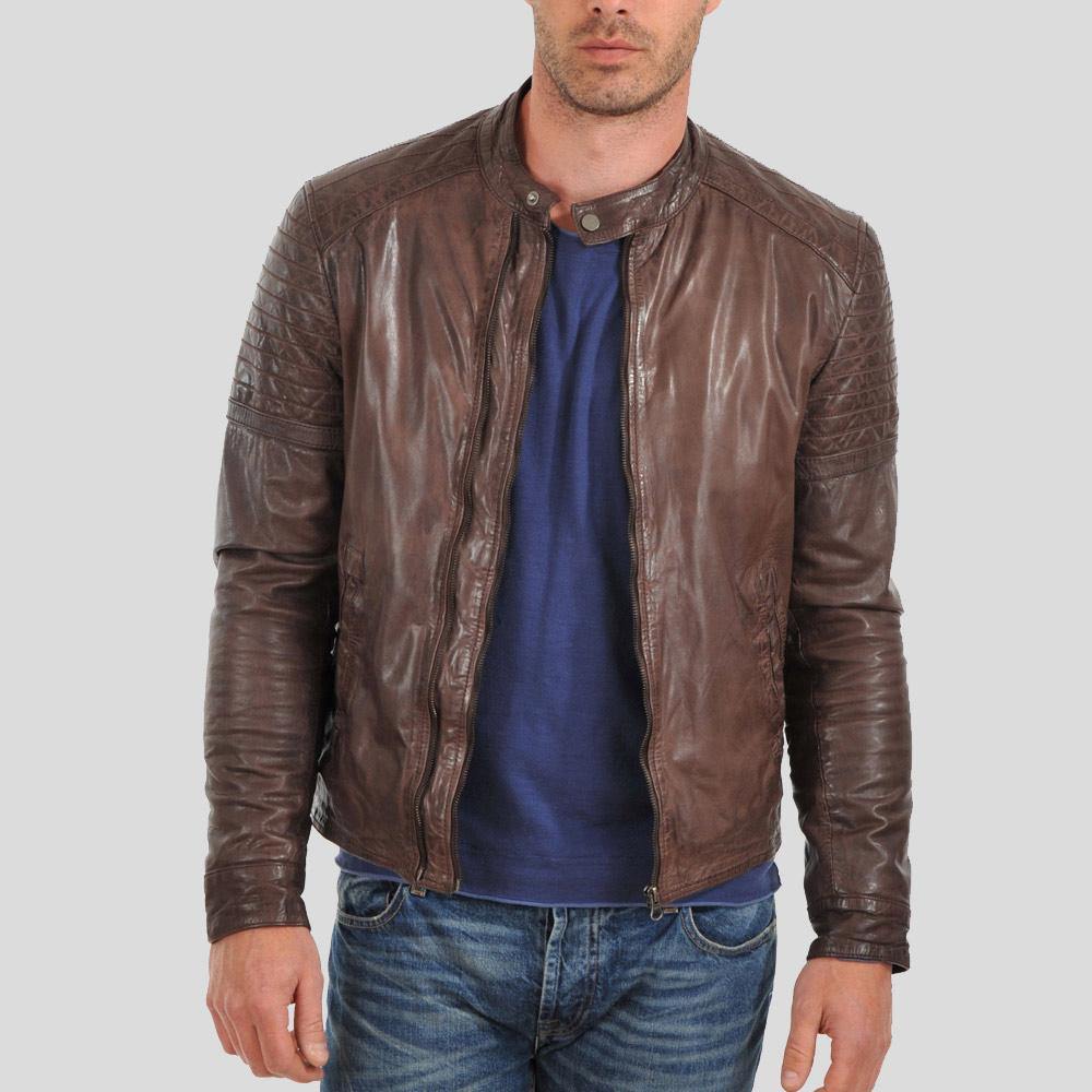 Albie Brown Slim Fit Motorcycle Leather Jacket - Shearling leather
