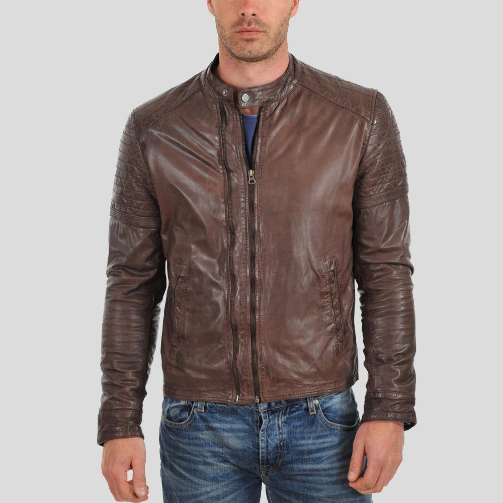 Albie Brown Slim Fit Motorcycle Leather Jacket - Shearling leather