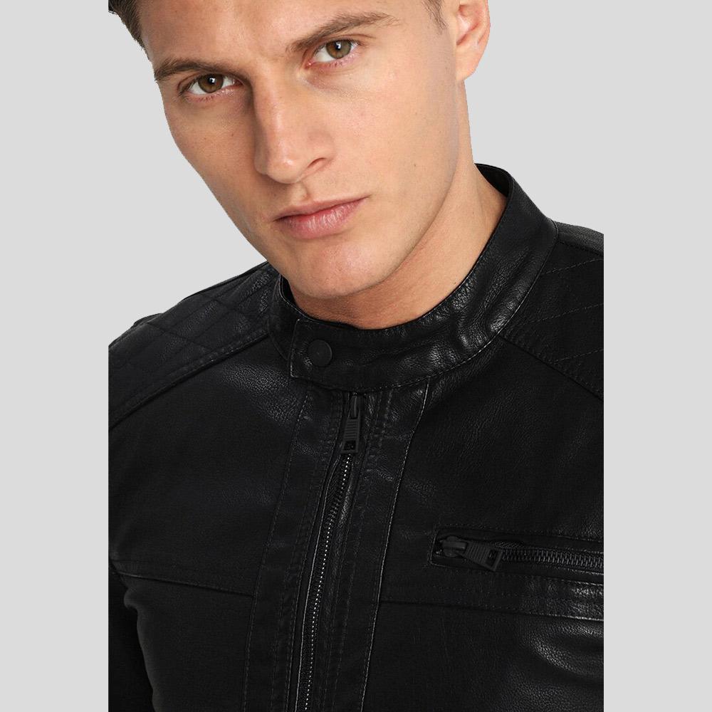 Drew Black Motorcycle Leather Jacket - Shearling leather
