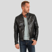 Load image into Gallery viewer, Evan Black Motorcycle Leather Jacket - Shearling leather
