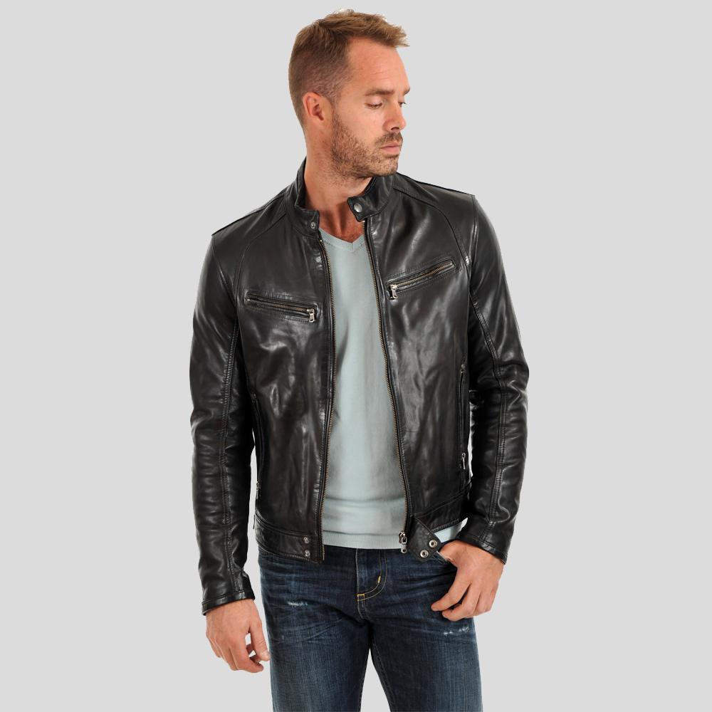Evan Black Motorcycle Leather Jacket - Shearling leather