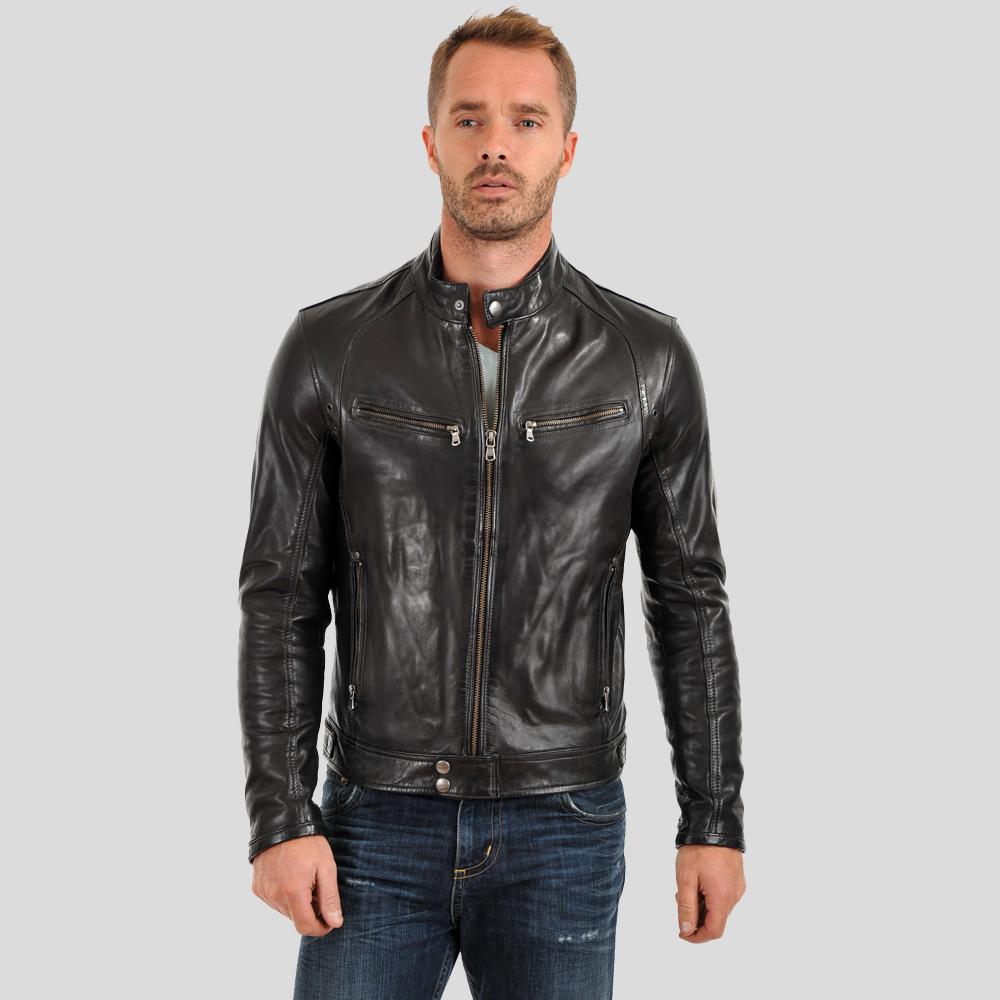 Evan Black Motorcycle Leather Jacket - Shearling leather