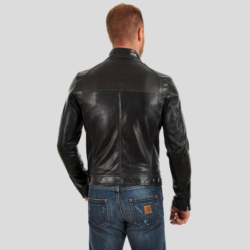 Evan Black Motorcycle Leather Jacket - Shearling leather