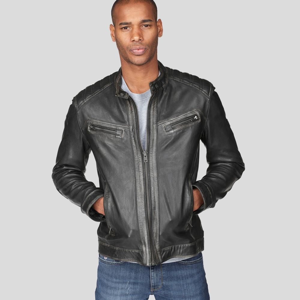 Lucas Black Motorcycle Leather Jacket - Shearling leather